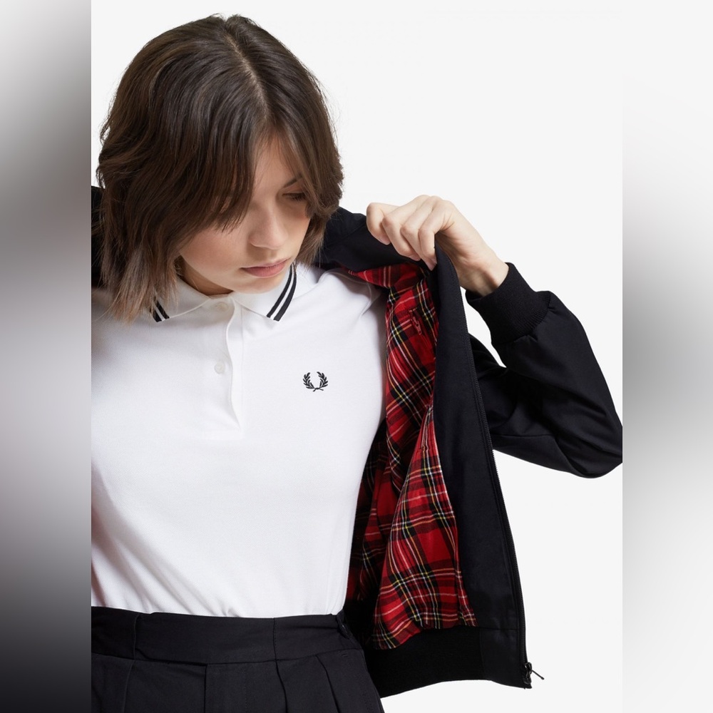 Fred Perry Waxed Cotton Harrington Jacket in Black with Gold Logo size USA 6
